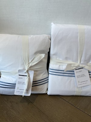 Pottery Barn Grand Embroidered  Duvet Cover and Sheet Set Chambray QUEEN  White-image