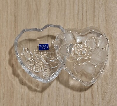 Studio Nova Heart Shaped Crystal Trinket Dish Etched Glass Rose & Frosted leaves-image
