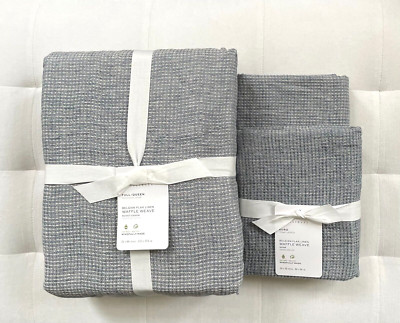Pottery Barn BELGIAN FLAX LINEN WAFFLE Full Queen Duvet & Euro Shams Chambray NW-image