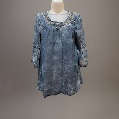SIGNATURE 1 STUDIO DENIM LIKE LONG RUFFLED SLEEVE CRISSCROSS NECKLINE TOP, M-image
