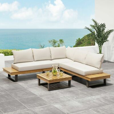 Sierra Outdoor Acacia Wood 5 Seater Sofa Sectional with Water-Resistant Cushions-image