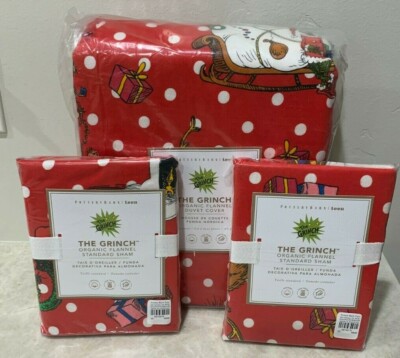 Pottery Barn Teen festive Grinch dot red flannel FULL QUEEN duvet cover SHAMS-image