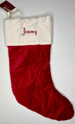 POTTERY BARN CLASSIC VELVET CHRISTMAS STOCKING *JIMMY* RED IVORY NEW MEDIUM NWT-image