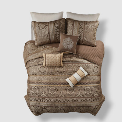 Madison Park Brown/Gold Mirage 6 Pc Jacquard Quilted Coverlet Set| .Full/ Queen-image