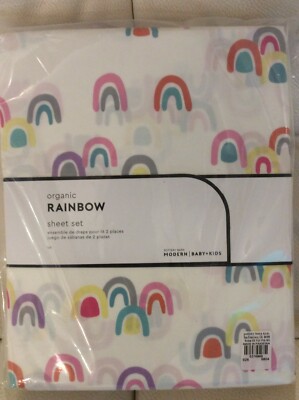 West Elm Pottery Barn Kids Organic Rainbow Full Sheet Set NWT Modern Pink Multi-image