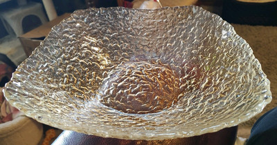 Vintage Recycled Studio Glass Square Serving Bowl Honey Amber w/ Irregular Edges-image