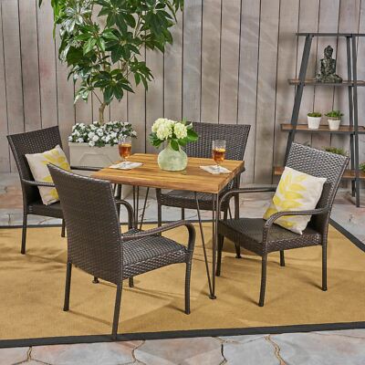 Rhys Outdoor Farmhouse Wood and Wicker 5 Piece Square Dining Set-image