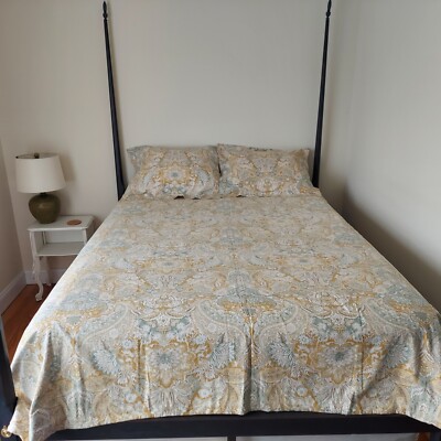 POTTERY BARN Linen Blend Paisley DUVET COVER & 2 Std SHAMS Blue Gold F/Q 85x87