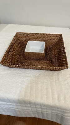Vintage Woven Wicker Basket Chip & Dip Appetizer Tray   & Inner Dipping Bowl-image