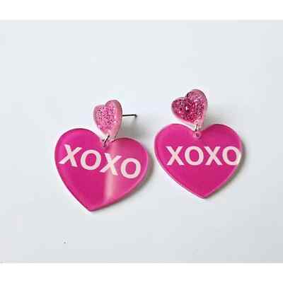 Two Heart-shaped Alloy Earrings Gold & Glitter Red XOXO/HUG ME/Kiss Me-image