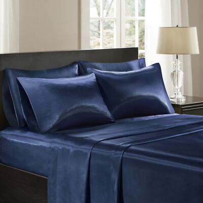 Madison Park Essentials Satin 6-Pc. Sheet Set, Queen Bedding, Navy, Queen-image