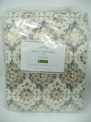 Pottery Barn June Print gray yellow Drape 50x84 multiples cotton lining -image