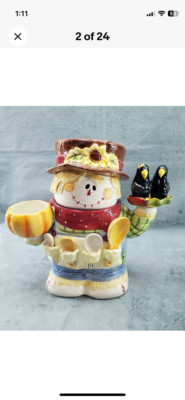 Vtg SCARECROW Cookie Jar Cracker Barrel Dip Bowl, Spoons, Salt & Pepper Complete-image