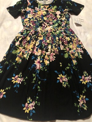 NEW LuLaRoe Black Yellow Blue Pansy Peony Rose Dip Amelia Dress XL 18/20 16/18-image