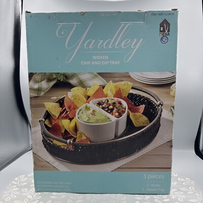 Yardley Woven Chip & Dip Tray sturdy steel with gunmetal finish ceramic bowls-image