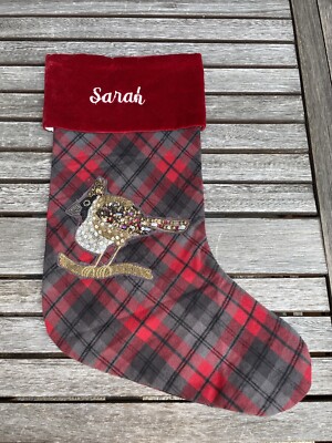 Pottery Barn Embellished Jeweled Bird Christmas Stocking Plaid Multicolor NWOT-image