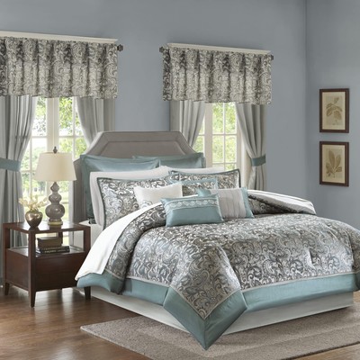 24 Piece Faux Silk Paisley Queen Comforter Set with Matching Curtains, Down A...-image
