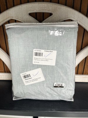 Pottery Barn Belgian Flax Linen Duvet Cover FULL QUEEN SIZE MINERAL Blue NEW-image