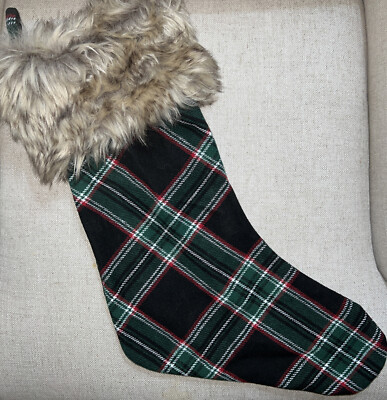 2 POTTERY BARN Nottingham Plaid Christmas Stockings Faux Fur Trim Green New-image
