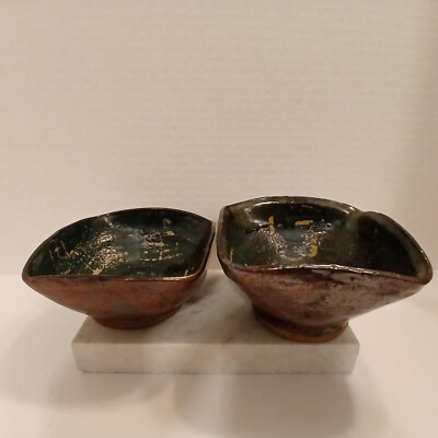 Handmade Studio Pottery Bowls Green Iridescent Artist Signed-image