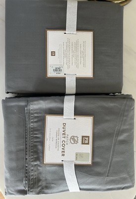 TWO Pottery Barn DUVET COVERS Gray Twin TwinXL 100% Cotton Hidden Button Close-image