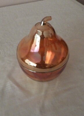 Vintage Jeannette Carnival Glass Marigold Pear Shaped Candy Jar Trinket Box-image