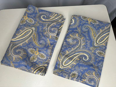 Pottery Barn Paisley Standard Pillow Shams Set TWO ( 2 ) Blue Yellow Cotton Pair-image