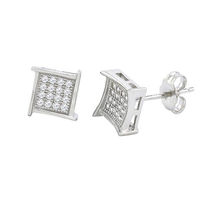 Kite Shaped Micropave Sterling Silver Stud Earrings Clear CZ Overhang Design 8mm-image