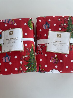 Pottery Barn Teen Grinch Flannel Duvet Cover Twin + Sheet Set XL Twin-image