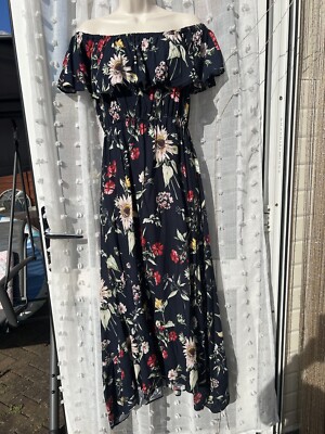 QED LONDON NAVY FLORAL ON / OFF SHOULDER DIPPED HEM MIDI / MAXI DRESS SZ L 14/16-image