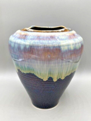 Bill Campbell Studio Art Pottery Vase Blue Purple Square Mouth 7