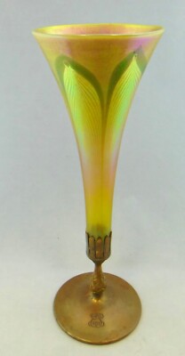 BEAUTIFUL Tiffany Studios Favrile Pulled Feather Trumpet Vase-image