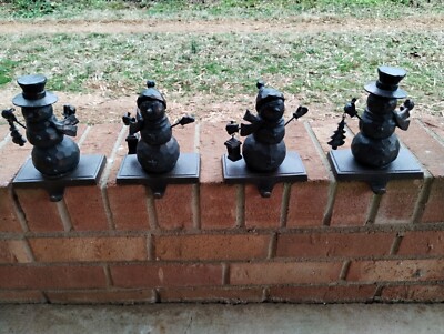 Pottery Barn Metal Snowman Christmas Stocking Hangers Bronze Brown Set Of 4-image