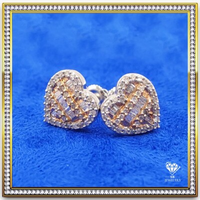 10K Rose/White Gold Studs 0.42 CTW Diamond Baguette Heart Shaped 2.6g Earrings-image