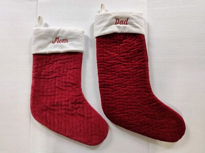 Lot Of 2 Pottery Barn Christmas Stockings Mom And Dad Classic Red Velour-image