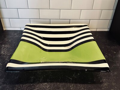 Large Signed Striped Fused Art Glass Bowl Dish Plate in Green / Black / White-image