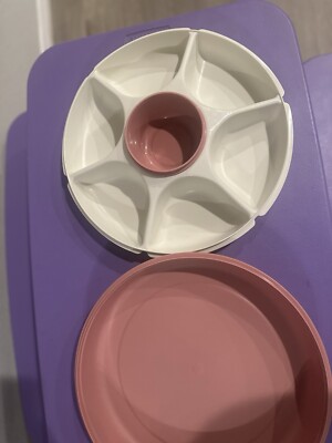 Vtg Tupperware Serving Center Set w/ Lid 1665 & 1666 Veggies & Dip Tray~ Almond -image