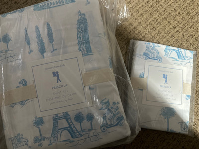 New RARE Pottery Barn Kids Blue  Pricilla Paris Madeline Sheets pillow Drapes-image
