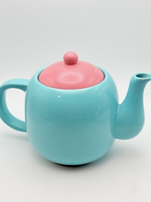 Vintage Pottery Barn Japan 1980’s Tea Pot Teal Blue/Pink Super Fun & Cute-image