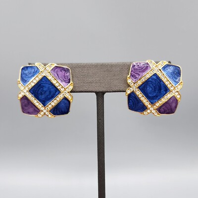 1980s Trifari Purple Blue Pearlized Enamel Crystal Square Post Earrings-image
