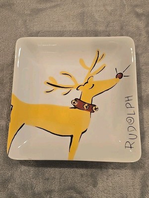 Pottery Barn Reindeer Rudolph Square Appetizer Snack Plate Gently Used See Pics -image