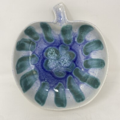 Vtg Dryden Hot Spgs Ark Studio Art Pottery Drip Glaze Apple Shaped Bowl Blue/Gr-image