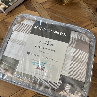🏯 Madison Park Prewitt  Reversible Duvet Cover Set Gray Plaid (Full/Queen)🆕-image