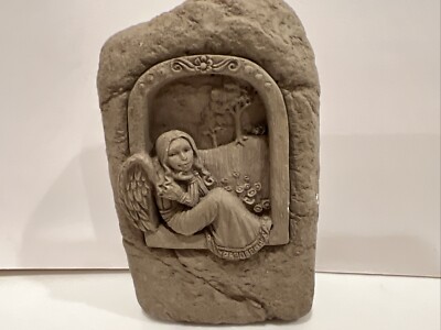 Vtg Carruth Studio Angel Stone Sculpture 4in Wall Hanging Signed by Artist 1998-image