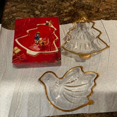 2 Gold Trim Glass Candy Dishes Christmas Tree & Dove Shaped Studio Nova -New-image