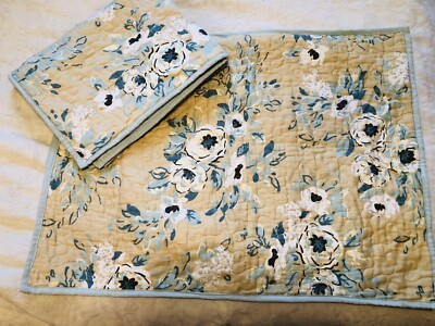 2 Madison Park Quilted Floral Pillow Shams Blue/Green Tan Roses 20X26