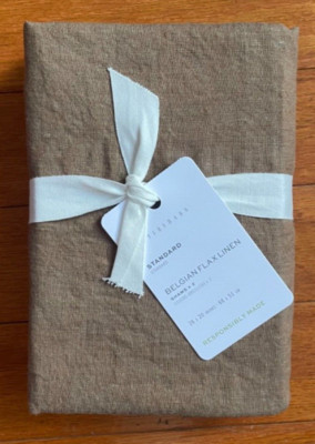 NEW $130 POTTERY BARN Belgian Flax Linen 2pc Set STANDARD Pillow Shams Toffee-image