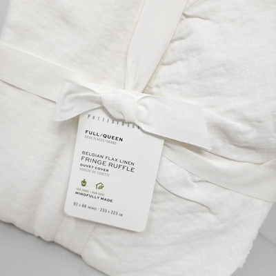 Pottery Barn Belgian Flax Linen Fringe Ruffle Duvet Cover Full/Queen WHITE New-image