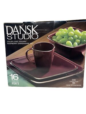 16 PC DANSK Studio COLOR LOGIC STONEWARE DINNERWARE SET RASBERRY W/ BROWN TRIM-image
