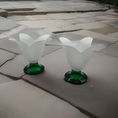 Set of 2  Studio Nova Tulip Shaped Frosted Glass Vase with Green Glass Pedestal-image